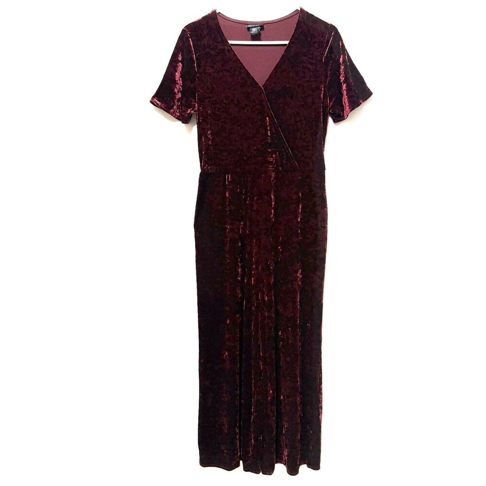 Wrangler Retro Womens S Burgundy Crushed Velvet Jumpsuit Wide Leg Wrap V Neck